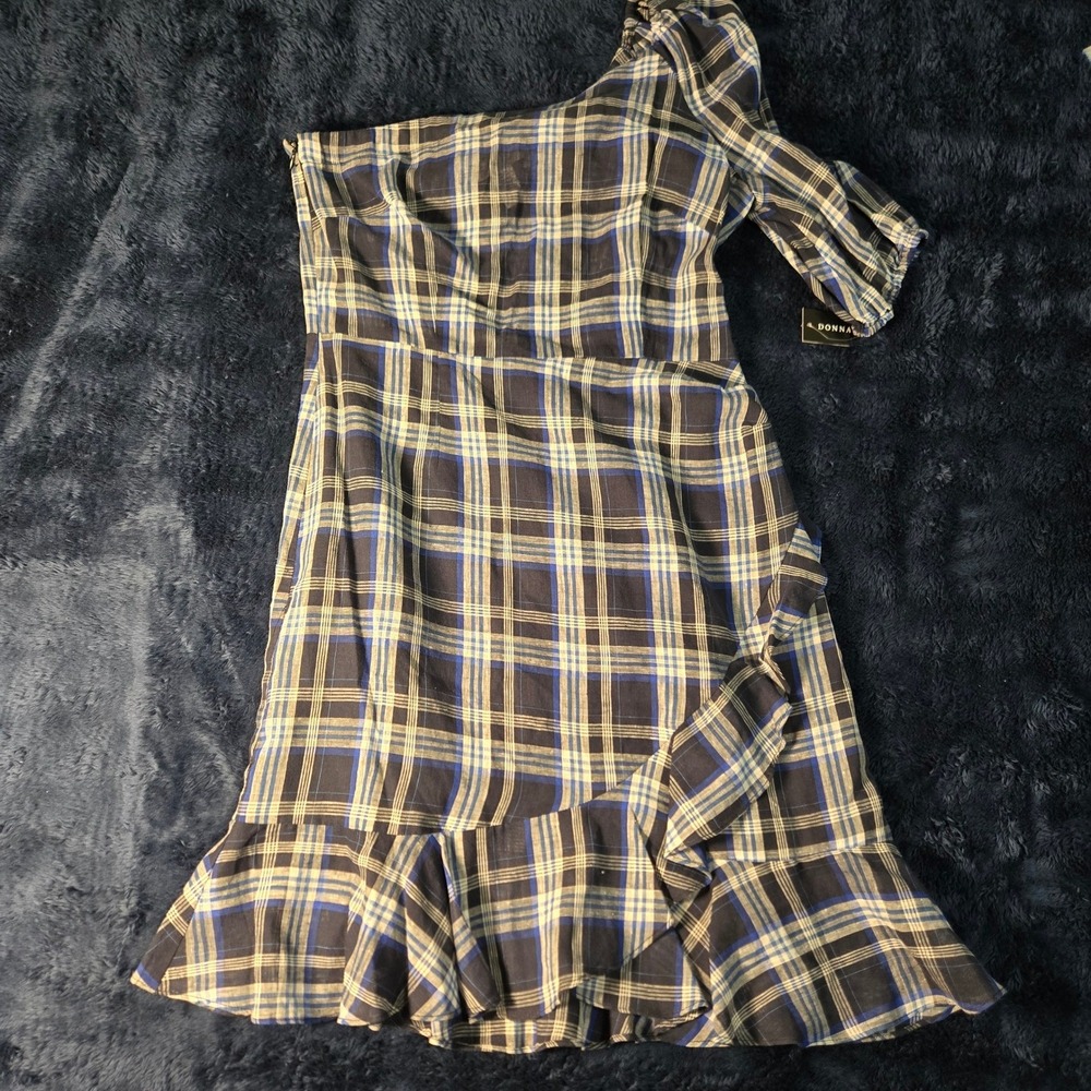 Donna Morgan One Shoulder Plaid Linen Blend Ruffle Dress Blue Tan Womens 10 NEW - Picture 2 of 9